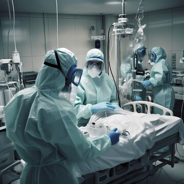 Medical staff in scrubs and protective gear attending to a patient in an ICU. AI Generated image