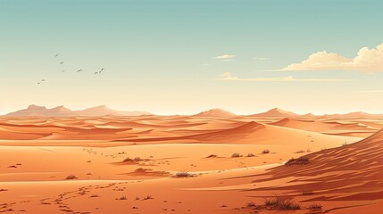 Naklejka premium A bird flies over a distant desert with sand dunes. (Illustration, Generative AI)