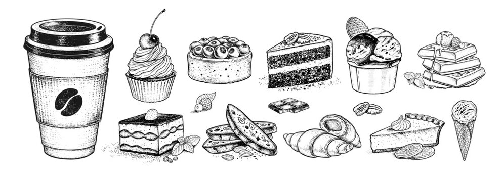 Vector sketchy illustrations collection of desserts and sweet food and paper coffe cup