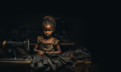Obraz premium Child labor, Little dark skinned child working in sewing factory with sewing machine, poverty of children textile industry in 3rd world countries
