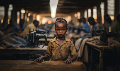 Child labor, Little dark skinned child working in sewing factory with sewing machine, poverty of children textile industry in 3rd world countries