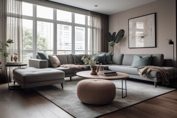 A modern and stylish living room interior with tasteful furniture and decor. The background showcases a comfortable and inviting space. Shot during the day with natural lighting. Generative AI