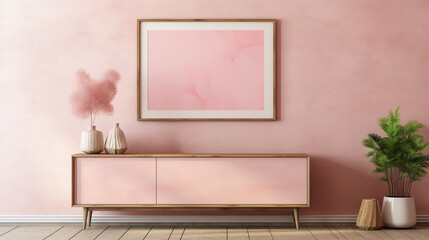 A cozy white wooden picture frame stands out against a soft pink wall, creating a warm and inviting interior decor