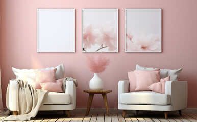 Fototapeta na wymiar This cozy interior of white decor and wooden frames filled with pink pillows creates a sense of comfort and warmth that radiates from the walls