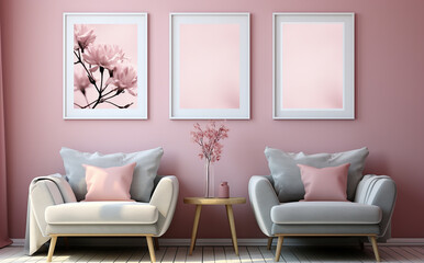 This cozy pink and white living room featuring a wooden frame mockup, a white wall decor picture, and two comfortable chairs invites you to relax and enjoy the simple beauty of its interior