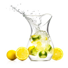 Fototapeta na wymiar Glass decanter with splash of water and lemon and limes.Generative AI