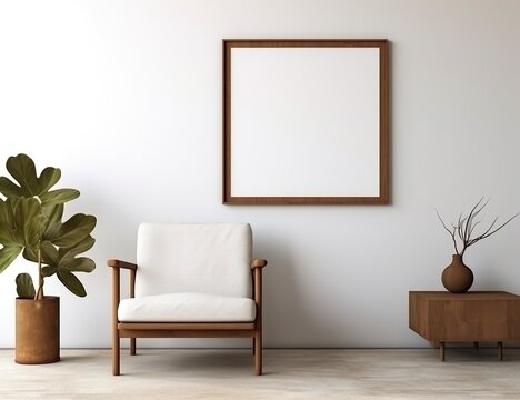A cozy white interior decorated with a wooden frame and vibrant plant bring life to a mockup picture on the wall