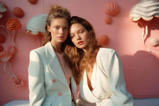 female friends/models/lgbtq + couple in magazine editorial fashion/beauty photo shoot embracing/in whimsical pastel setting film photography look  - generative ai art