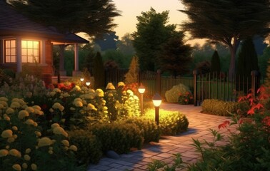 Obraz premium Panoramic Photo of LED Light Posts Illuminated Backyard Garden During Night Hours. Modern Backyard Outdoor Lighting Systems. Created with Generative AI technology.