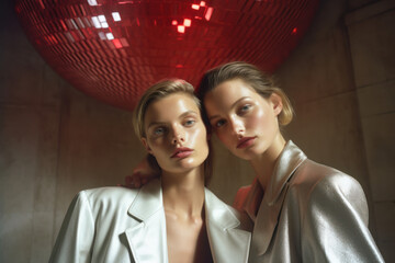 two elegant female friends/models/lgbtq couple in magazine editorial fashion/beauty photo shoot standing embracing under mirrorball in ballroom film photography look - generative ai art