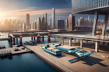 Fototapeta na wymiar Transport of goods to platform in futuristic cargo port of future with drones. Generative AI