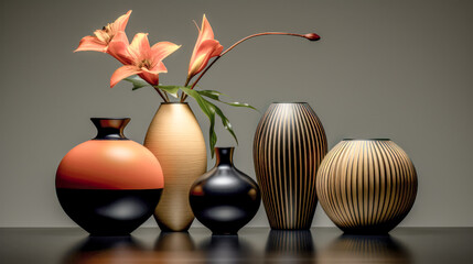Fototapeta na wymiar Dark Black and Brown Vase with Flower Motifs Eegant and Artistic Postmodern Wallpaper Digital Art Illustration Background Generative AI KI