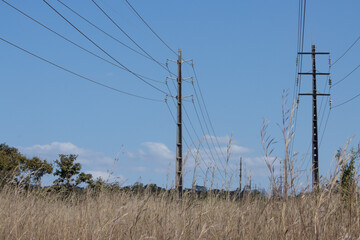 High Voltage Power lines stretching across the landscape of Brazil