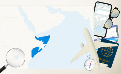Somalia map and flag, cargo plane on the detailed map of Somalia with flag.
