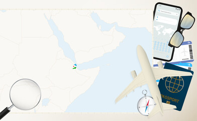 Djibouti map and flag, cargo plane on the detailed map of Djibouti with flag.
