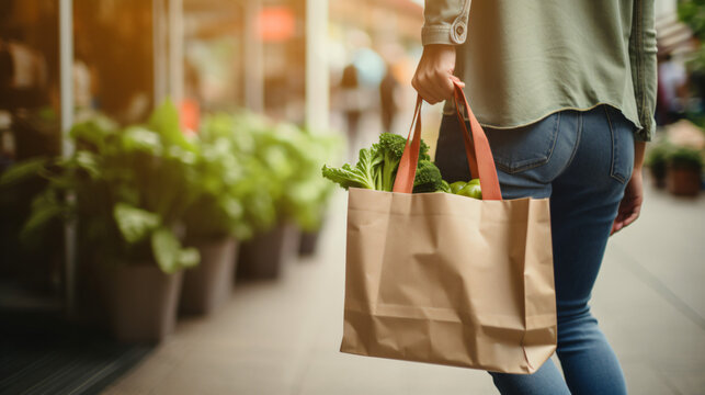 Sustainable Lifestyle: someone using a reusable bag while shopping, with the focus on the eco-friendly behavior
generative ai