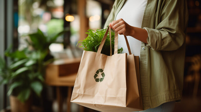 Sustainable Lifestyle: someone using a reusable bag while shopping, with the focus on the eco-friendly behavior
generative ai