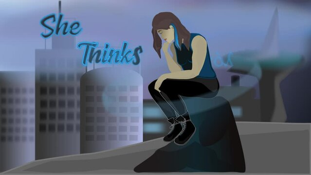 A vector 2d animation of a modern and female take of Rodin's "The Thinker"