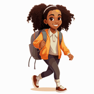 Simple Cartoon Clipart Black African American Girl Student Child Going To School White Background