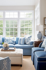Interior design, living room decor and house improvement, furniture, sofa, home decor, white and blue textiles, country cottage lounge style, generative ai