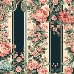 Seamless pattern with flowers, classic country cottage style floral and stripes print for wallpaper, fabric and product design, generative ai