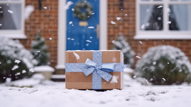 Christmas gift delivery, postal service and holiday present online shopping, wrapped parcel box on a country house doorstep in a snowing winter, generative ai