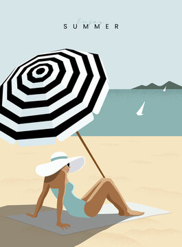 Girl relaxing on the beach. Suntanned woman sunbathing on towel, Resort on summertime vacation. Seaside blue ocean scenic view background. Pop art poster, Modern retro style. Flat vector illustration.