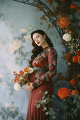 portrait of a pregnant woman/model/mother during pregnancy holding belly in a fashion/beauty editorial magazine style film photography look  - generative ai art