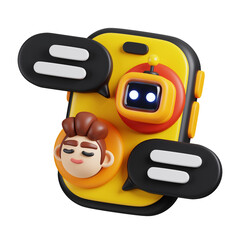 Chatbot robot online assistance on phone mobile. Use of AI in customer service and support or messaging. AI support in business and artificial intelligence technology concept. 3D Render illustration.