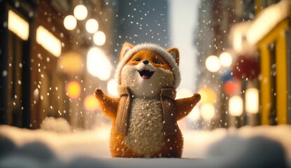 A cute smiling fox in a knitted hat and sweater rejoices over the snow against the background of a winter street with colored lights.Generative AI