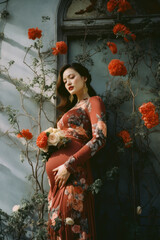 portrait of a pregnant woman/model/mother during pregnancy holding belly in a fashion/beauty editorial magazine style film photography look  - generative ai art