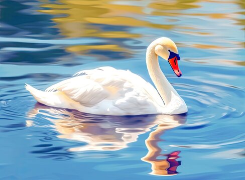 White swan in the foggy lake at the dawn. Morning lights. Romantic background. Beautiful swan. Cygnus. Romance of white swan with clear beautiful landscape. Created with Generative AI technology.