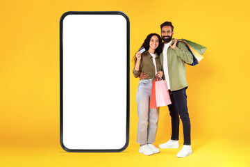Arabic Couple With Bags And Credit Card Near Smartphone, Collage