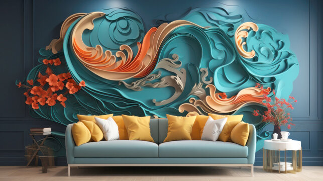 Contemporary living room interior design, Blue art background, Generative ai image 