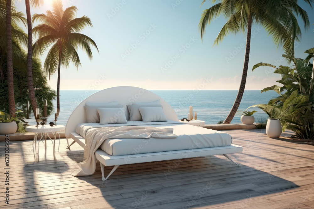 Poster 3d rendering of a tropical beach with palm trees and white bed generative ai