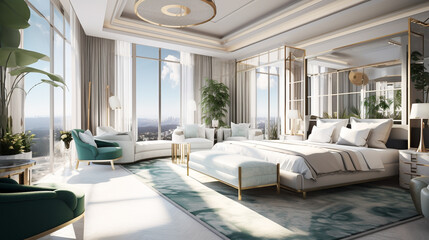 Schönes und luxuriöses Hotelzimmer im Artdeco Stil, generative KI