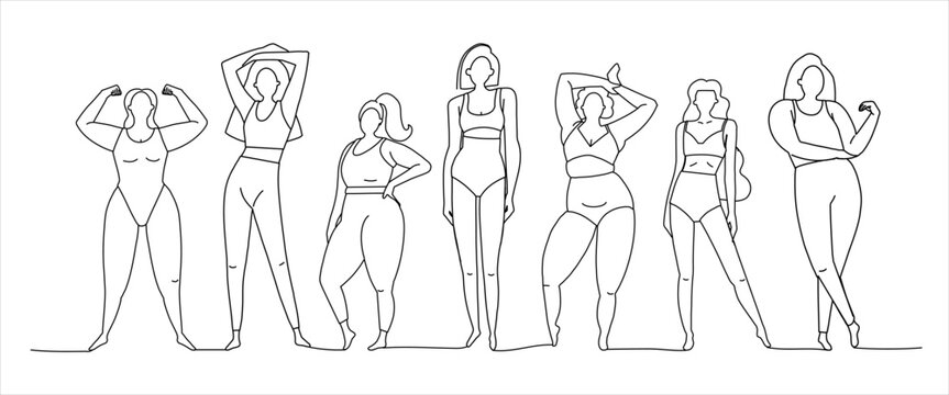 Beautiful different girls in line style. The silhouette of the body of positive women. Feminism and self-love