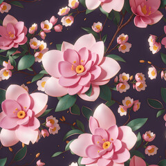 Seamless realistic magnolia 3d flowers pattern design created with Generative AI technology