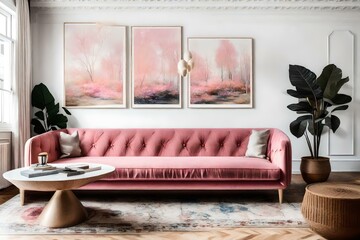 modern living room with fireplace and living room with pink couch and a white wall with a painting on it 