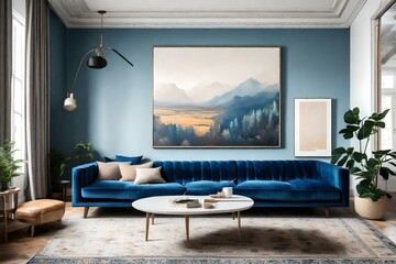 modern living room and living room with a blue couch and a white wall with a painting on it 