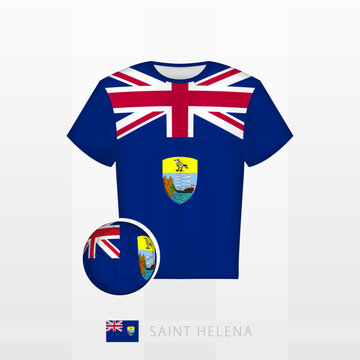 Football uniform of national team of Saint Helena with football ball with flag of Saint Helena. Soccer jersey and soccerball with flag.