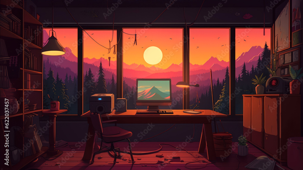 Poster computer on the table in the interior of the room. vector illustration generative ai