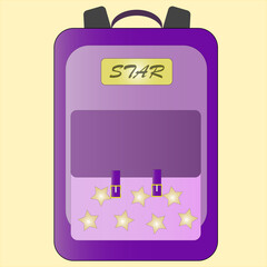 Backpack purple with lettering star, luggage or school bag, vector flat icon.