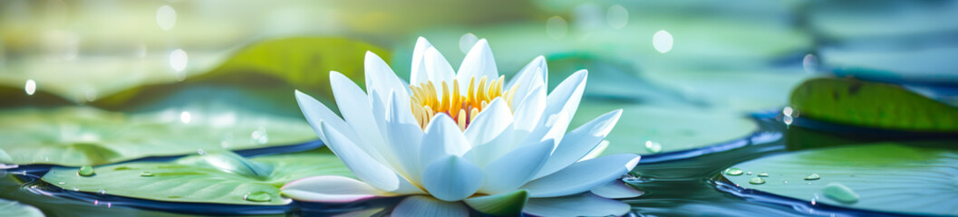 Tranquil Oasis: White Lotus and Green Leaves in Pond - obrazy, fototapety, plakaty