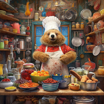 Adorable bear cooking. Created using ai generative. 