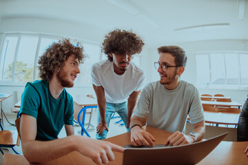 A diverse studetns group, including an Afro American with an afro hairstyle communicating and...