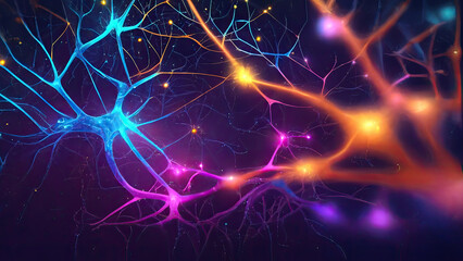 Bright neon Background of neural connections, Generative AI