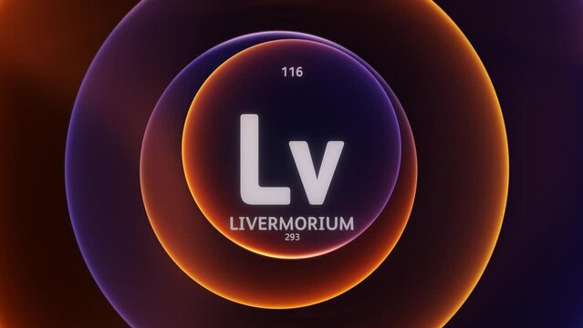 Livermorium as Element 116 of the Periodic Table. Concept animation on abstract orange blue gradient rings seamless loop background. Title design for science content and infographic showcase backdrop.