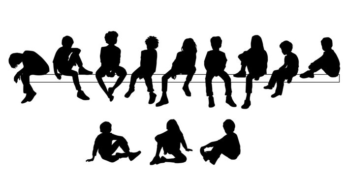 Vector silhouettes of a children and a teenagers sitting on a bench, a group of young people, black color on a white background