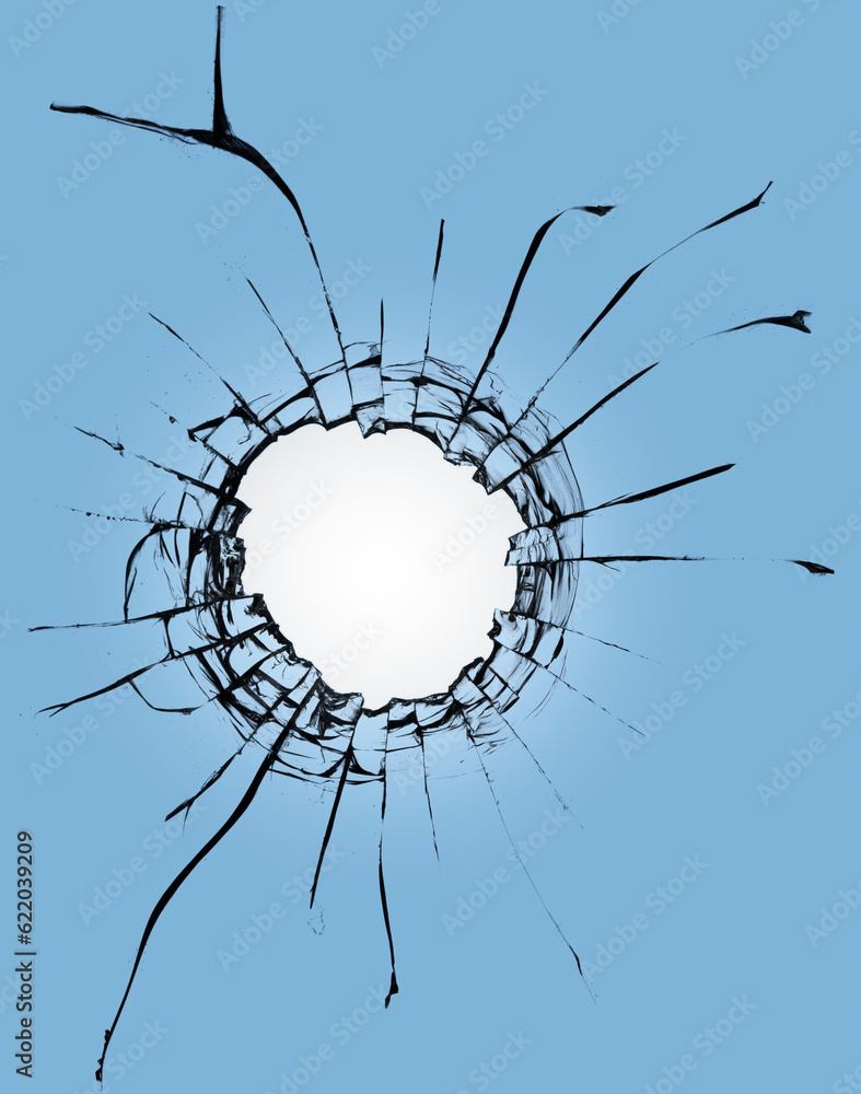Aufkleber broken glass with a hole on a blue background and with a light in the center. texture of cracks on a